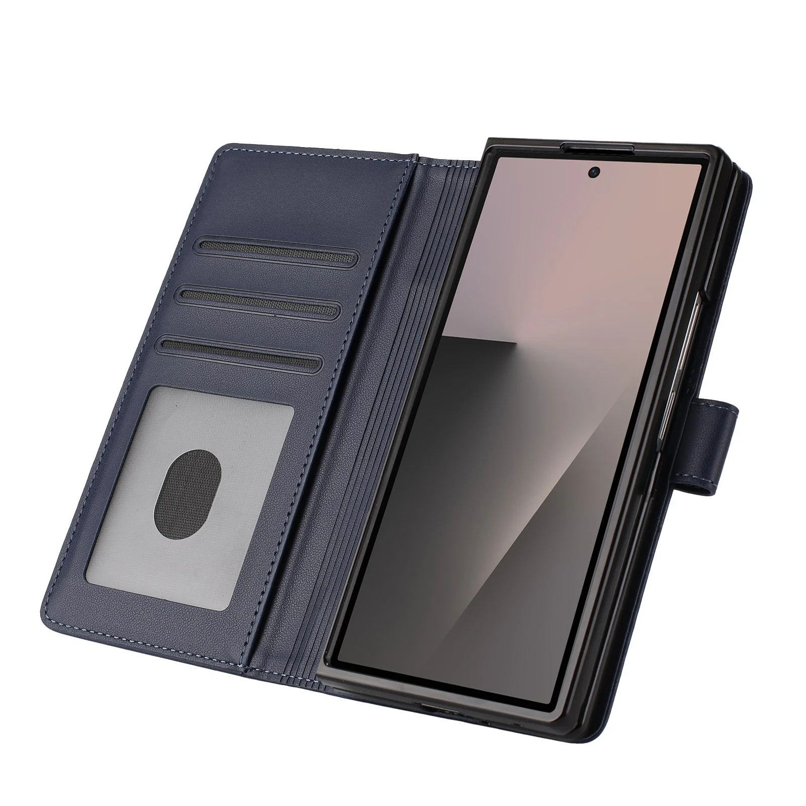 For Samsung Galaxy Z Fold7 5G Leather Case Wallet Stand Phone Cover with Wrist Strap - Blue - Image 5