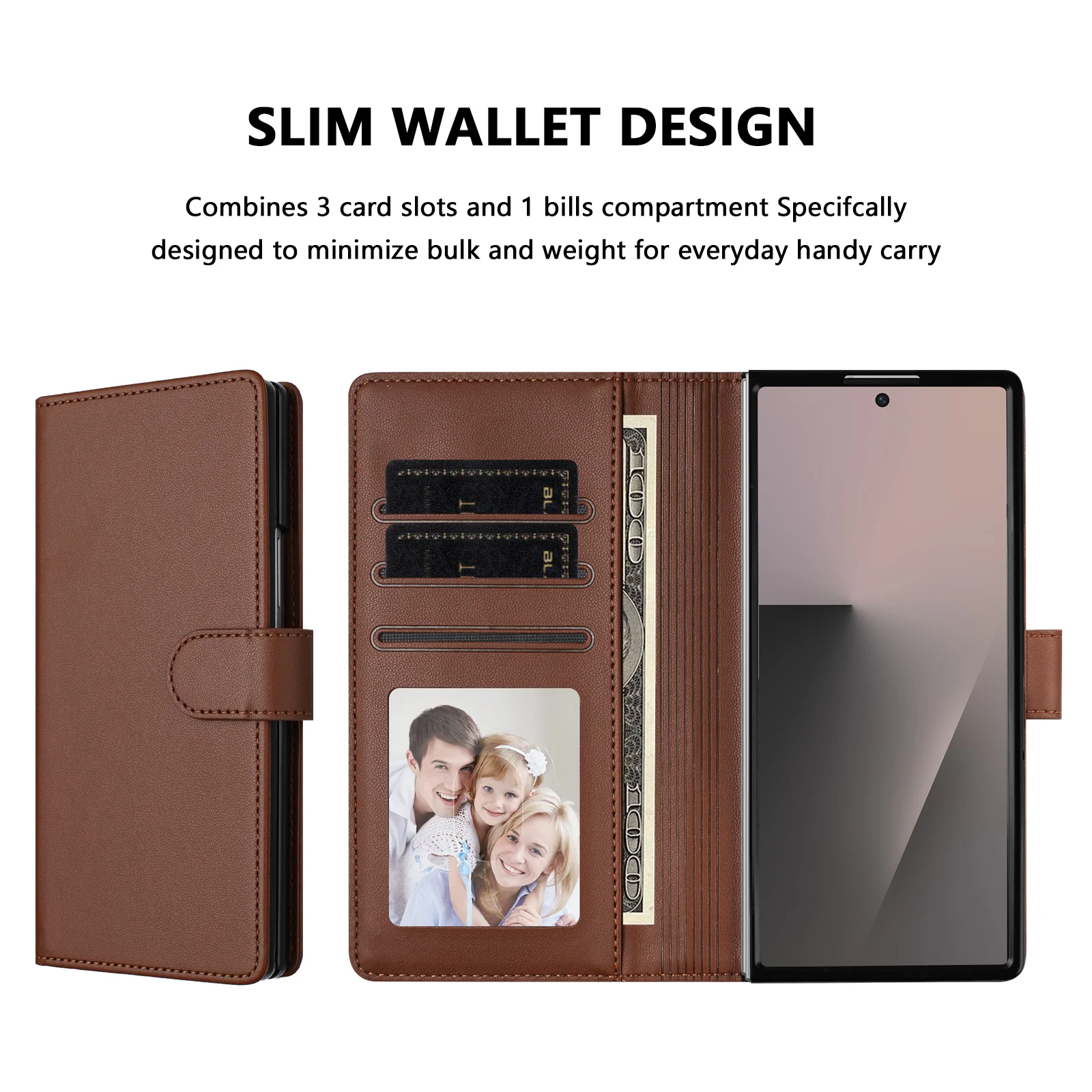 For Samsung Galaxy Z Fold7 5G Leather Case Wallet Stand Phone Cover with Wrist Strap - Brown - Image 2
