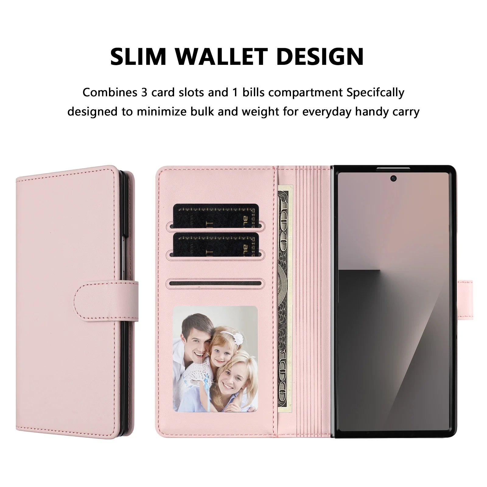 For Samsung Galaxy Z Fold7 5G Leather Case Wallet Stand Phone Cover with Wrist Strap - Pink - Image 2