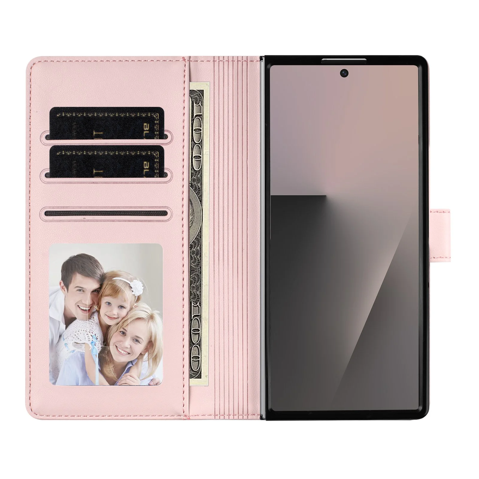 For Samsung Galaxy Z Fold7 5G Leather Case Wallet Stand Phone Cover with Wrist Strap - Pink - Image 6