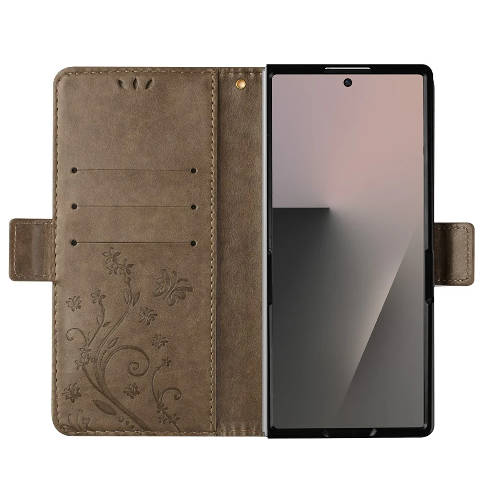 For Samsung Galaxy Z Fold7 5G Leather Wallet Case Butterfly Flower Imprint Phone Cover with Strap - Grey - Image 2