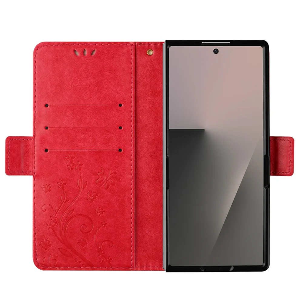 For Samsung Galaxy Z Fold7 5G Leather Wallet Case Butterfly Flower Imprint Phone Cover with Strap - Red - Image 2