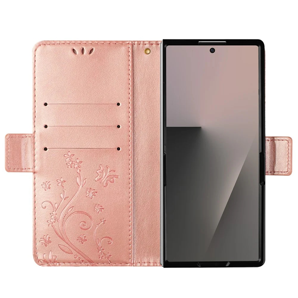 For Samsung Galaxy Z Fold7 5G Leather Wallet Case Butterfly Flower Imprint Phone Cover with Strap - Rose Gold - Image 2