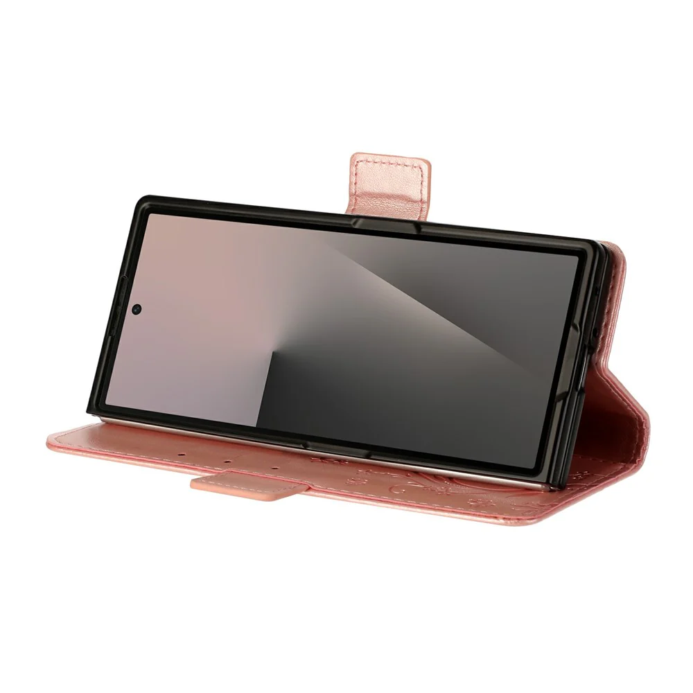 For Samsung Galaxy Z Fold7 5G Leather Wallet Case Butterfly Flower Imprint Phone Cover with Strap - Rose Gold - Image 4