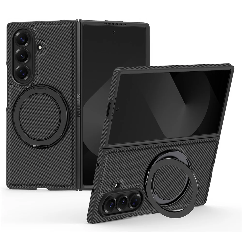 For Samsung Galaxy Z Fold7 5G Magnetic Case Carbon Fiber Texture PU + TPU Kickstand Phone Cover - Black
