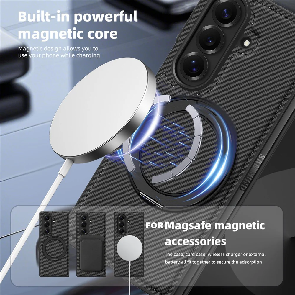 For Samsung Galaxy Z Fold7 5G Magnetic Case Carbon Fiber Texture PU + TPU Kickstand Phone Cover - Black - Image 4