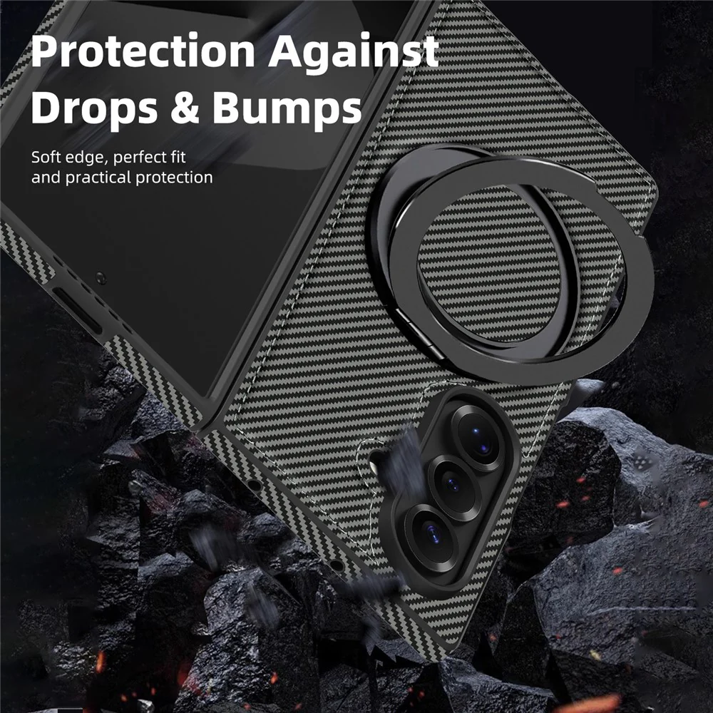 For Samsung Galaxy Z Fold7 5G Magnetic Case Carbon Fiber Texture PU + TPU Kickstand Phone Cover - Black - Image 6