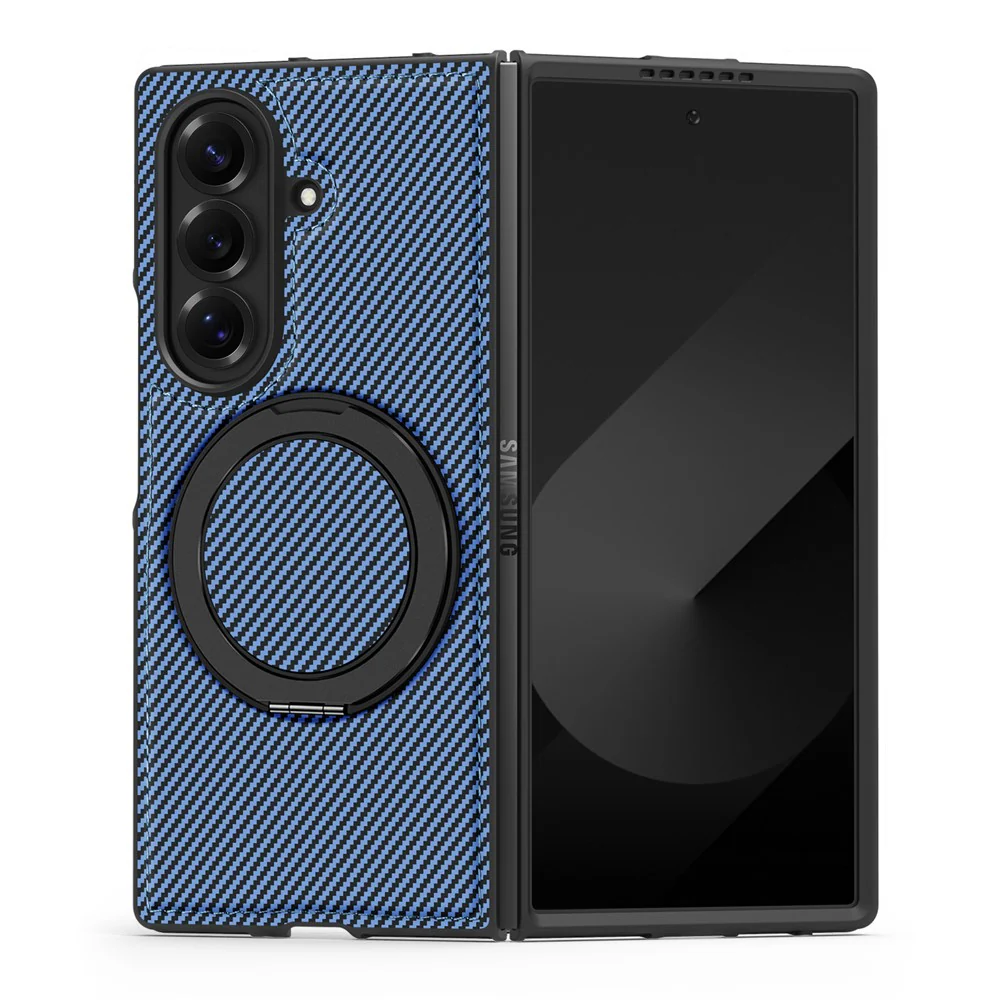 For Samsung Galaxy Z Fold7 5G Magnetic Case Carbon Fiber Texture PU + TPU Kickstand Phone Cover - Blue - Image 2