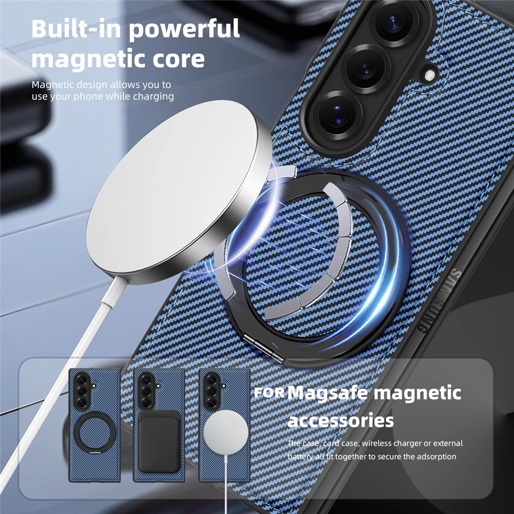 For Samsung Galaxy Z Fold7 5G Magnetic Case Carbon Fiber Texture PU + TPU Kickstand Phone Cover - Blue - Image 5