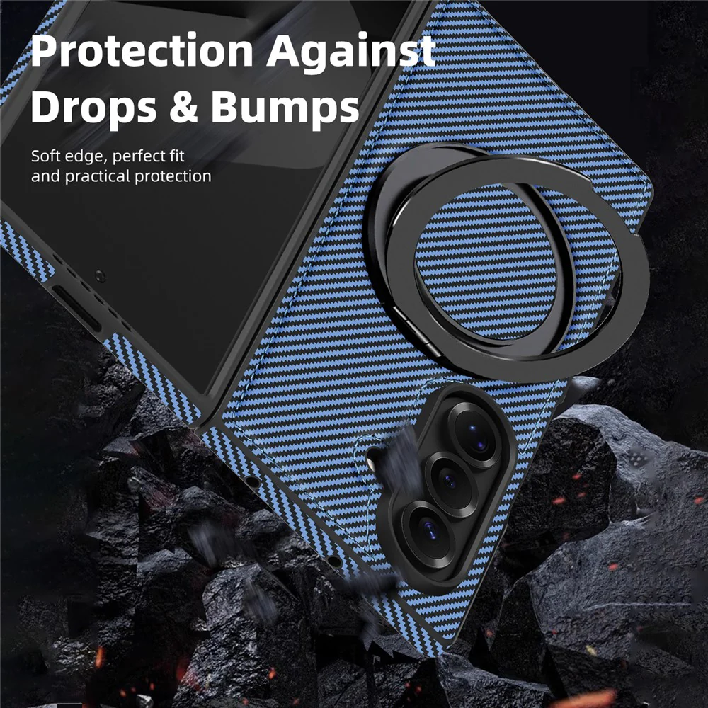 For Samsung Galaxy Z Fold7 5G Magnetic Case Carbon Fiber Texture PU + TPU Kickstand Phone Cover - Blue - Image 6