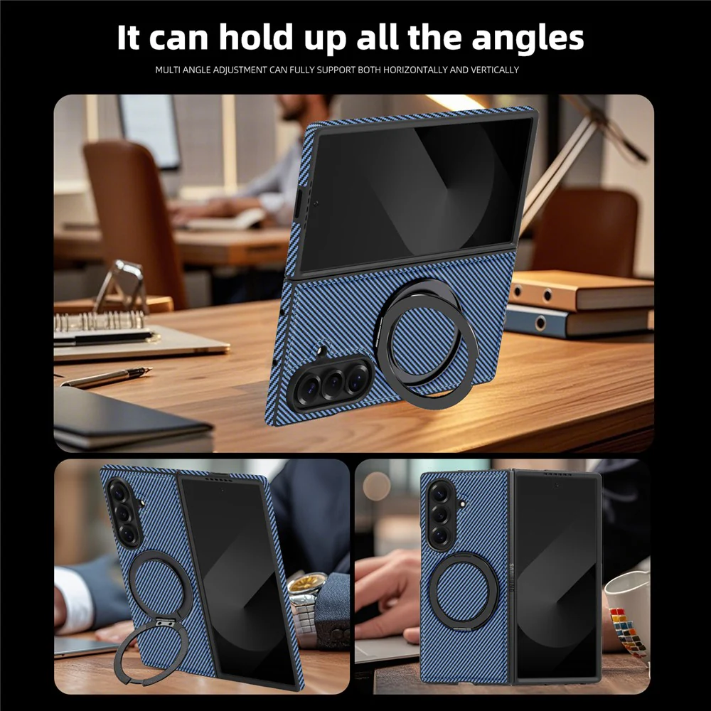 For Samsung Galaxy Z Fold7 5G Magnetic Case Carbon Fiber Texture PU + TPU Kickstand Phone Cover - Blue - Image 7