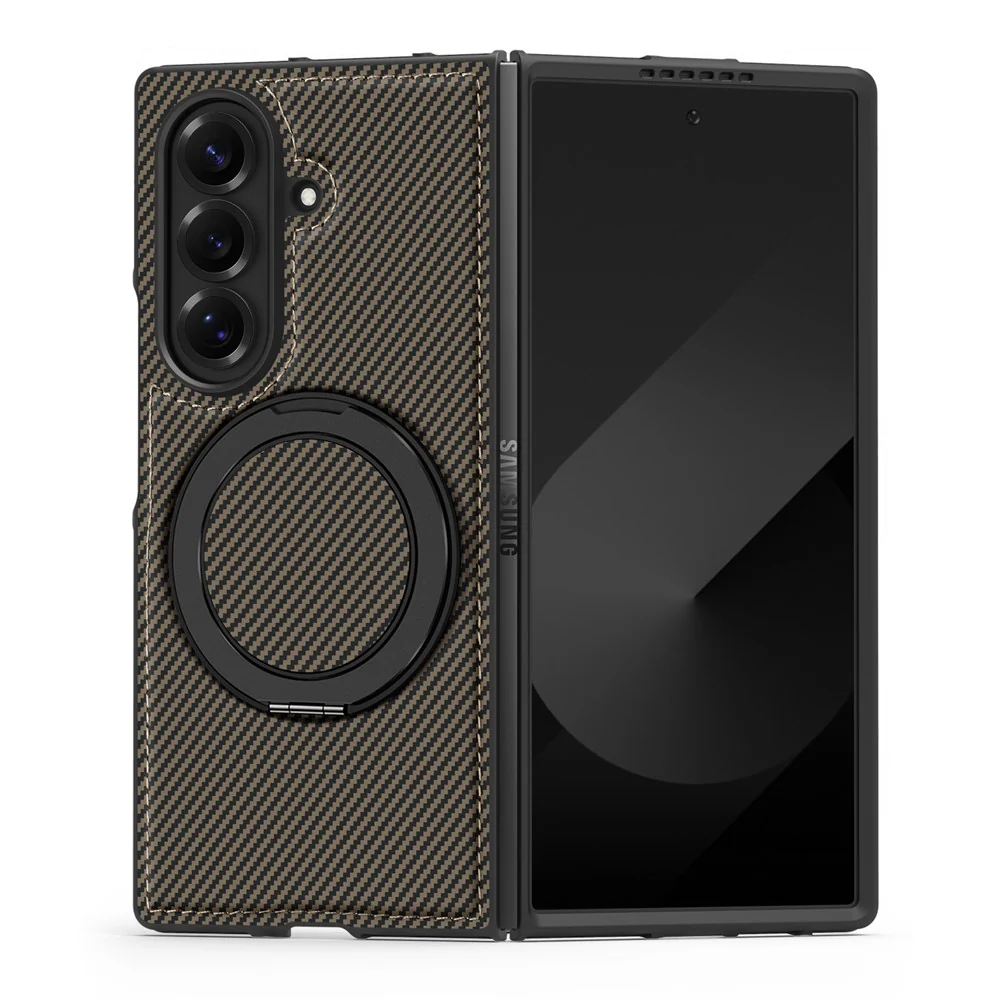 For Samsung Galaxy Z Fold7 5G Magnetic Case Carbon Fiber Texture PU + TPU Kickstand Phone Cover - Coffee - Image 2