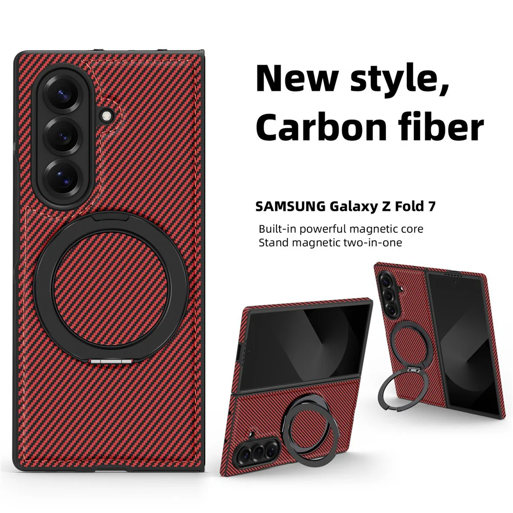 For Samsung Galaxy Z Fold7 5G Magnetic Case Carbon Fiber Texture PU + TPU Kickstand Phone Cover - Red - Image 3