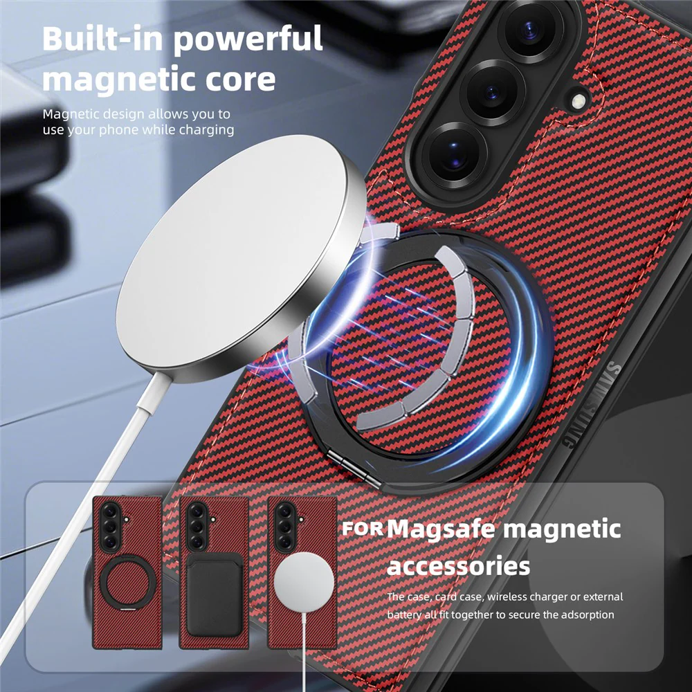 For Samsung Galaxy Z Fold7 5G Magnetic Case Carbon Fiber Texture PU + TPU Kickstand Phone Cover - Red - Image 4