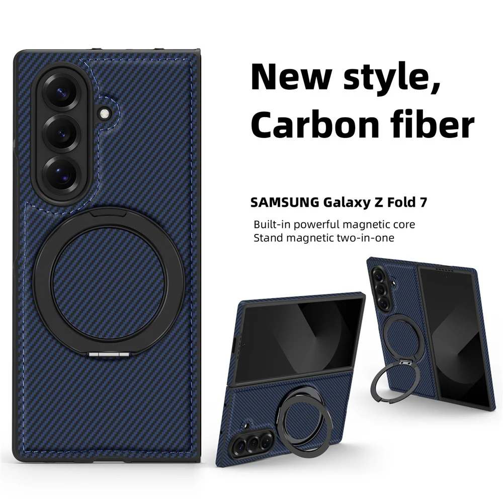 For Samsung Galaxy Z Fold7 5G Magnetic Case Carbon Fiber Texture PU + TPU Kickstand Phone Cover - Sapphire - Image 3