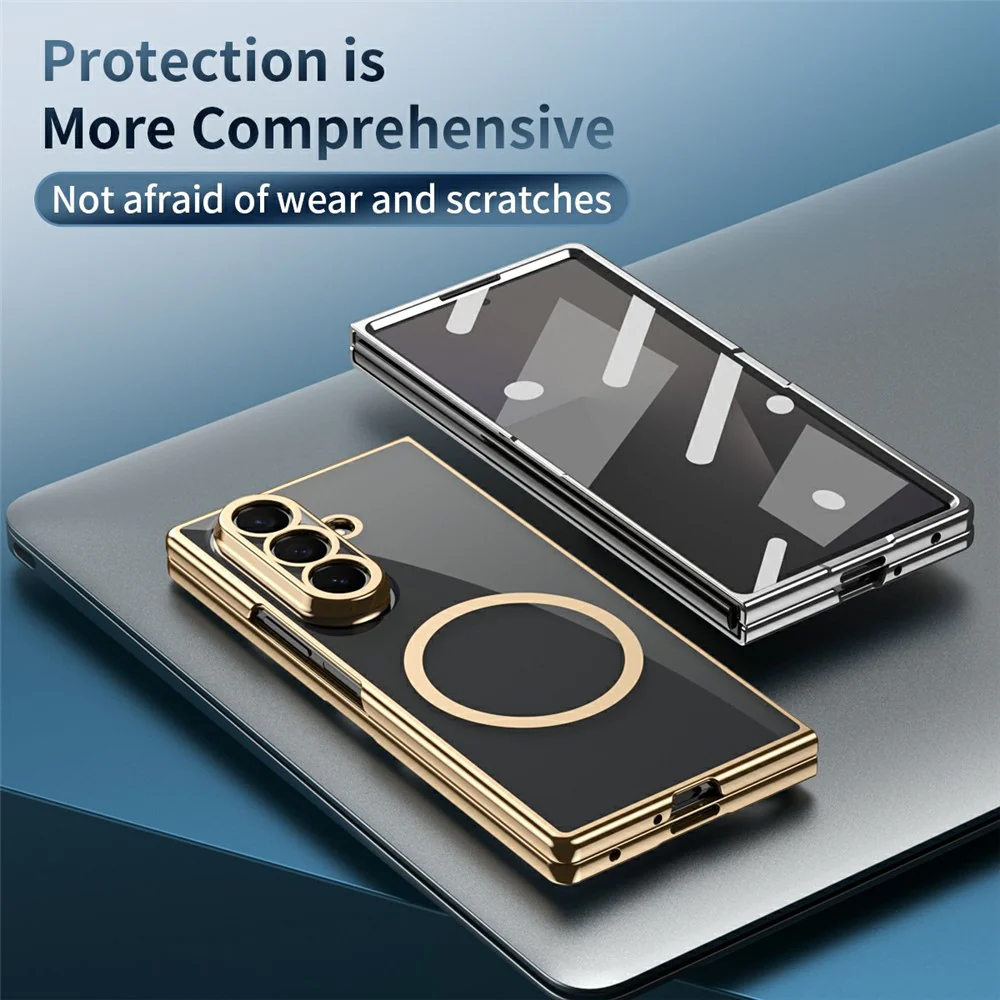 For Samsung Galaxy Z Fold7 5G Magnetic Case Electroplated PC Clear Phone Cover with Tempered Glass Film - Black - Image 4