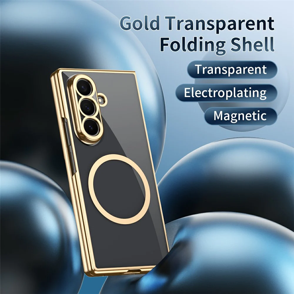 For Samsung Galaxy Z Fold7 5G Magnetic Case Electroplated PC Clear Phone Cover with Tempered Glass Film - Gold - Image 2