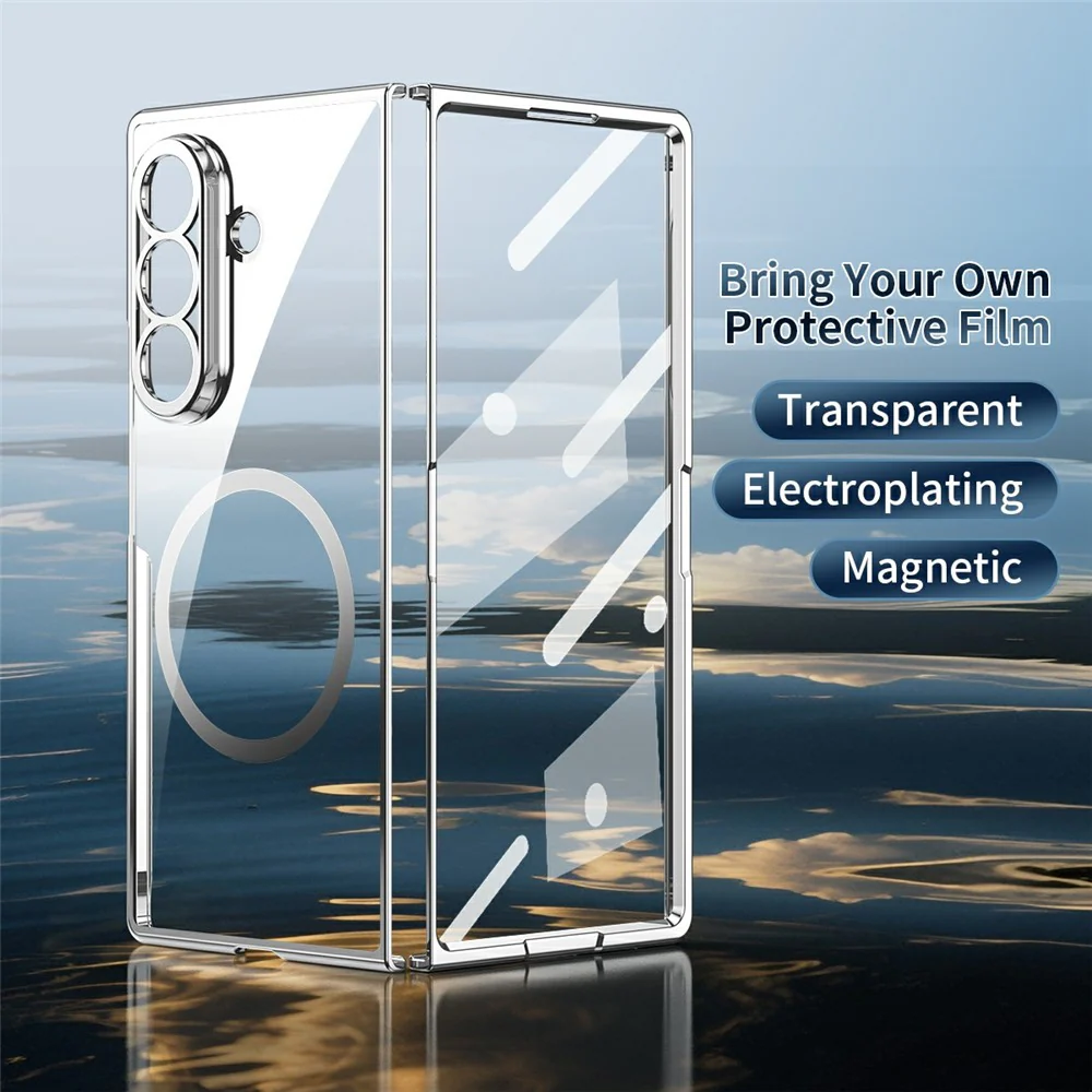 For Samsung Galaxy Z Fold7 5G Magnetic Case Electroplated PC Clear Phone Cover with Tempered Glass Film - Gold - Image 3