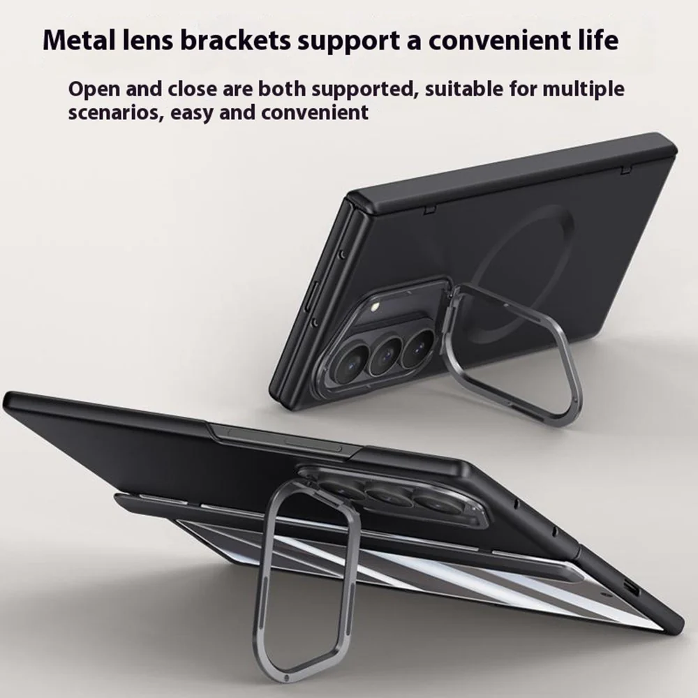 For Samsung Galaxy Z Fold7 5G Magnetic Case Hard PC Phone Cover with HD Tempered Glass Film, Lens Kickstand - Silver - Image 3