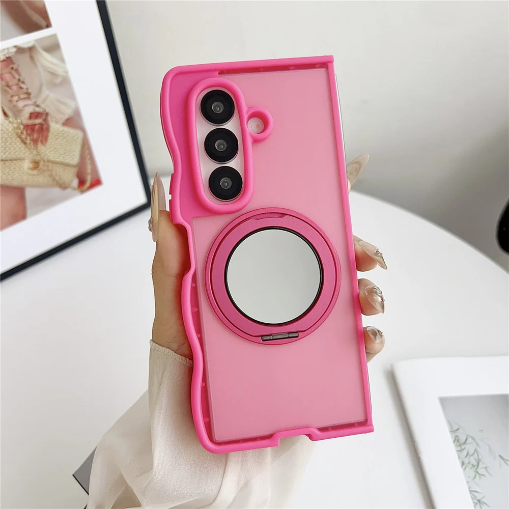 For Samsung Galaxy Z Fold7 5G Magnetic Case Mirror Rotating Kickstand Wave Edge TPU + PC Phone Cover - Rose - Image 2