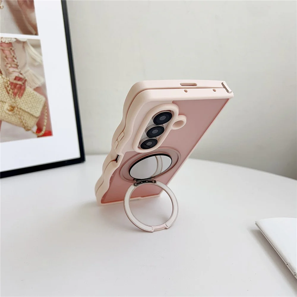 For Samsung Galaxy Z Fold7 5G Magnetic Case Mirror Rotating Kickstand Wave Edge TPU + PC Phone Cover - Rose - Image 4