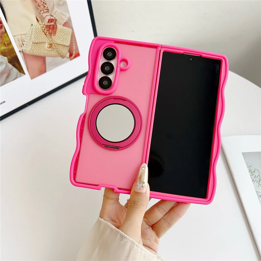 For Samsung Galaxy Z Fold7 5G Magnetic Case Mirror Rotating Kickstand Wave Edge TPU + PC Phone Cover - Rose - Image 6