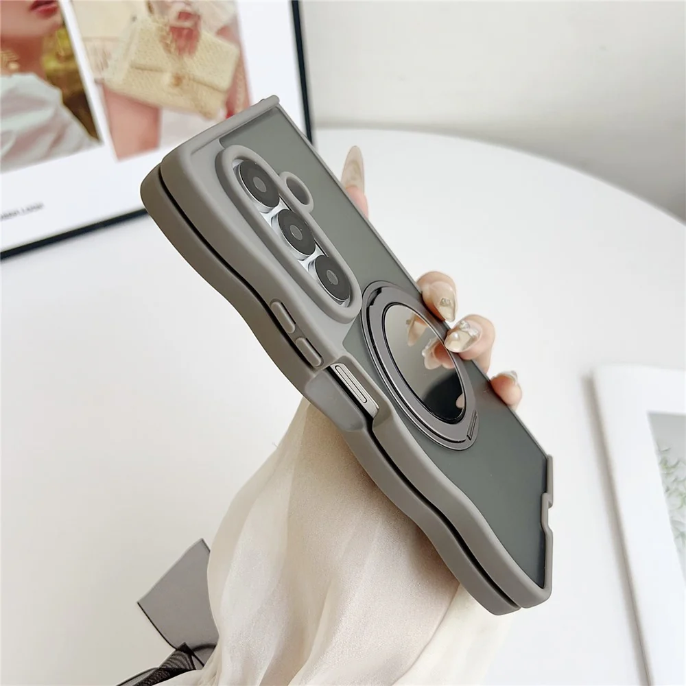 For Samsung Galaxy Z Fold7 5G Magnetic Case Mirror Rotating Kickstand Wave Edge TPU + PC Phone Cover - Rose - Image 8