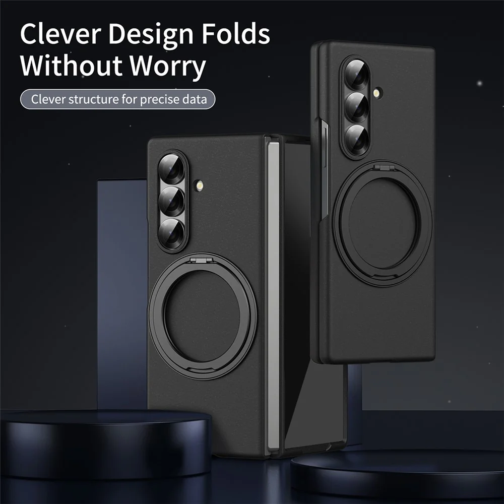 For Samsung Galaxy Z Fold7 5G Magnetic Case Ring Kickstand Hard PC Cover with Tempered Glass Screen Film - Black - Image 8