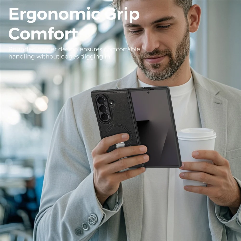 For Samsung Galaxy Z Fold7 5G Magnetic Case Rotating Kickstand Leather Coated PC Phone Cover - Black - Image 7
