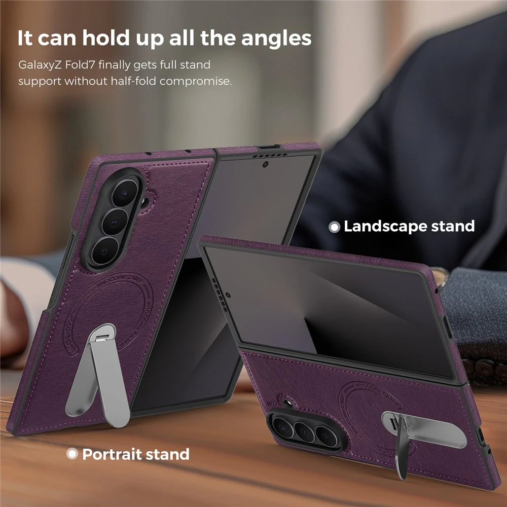 For Samsung Galaxy Z Fold7 5G Magnetic Case Rotating Kickstand Leather Coated PC Phone Cover - Dark Purple - Image 4