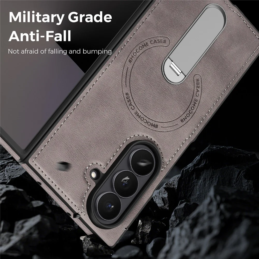 For Samsung Galaxy Z Fold7 5G Magnetic Case Rotating Kickstand Leather Coated PC Phone Cover - Grey - Image 5