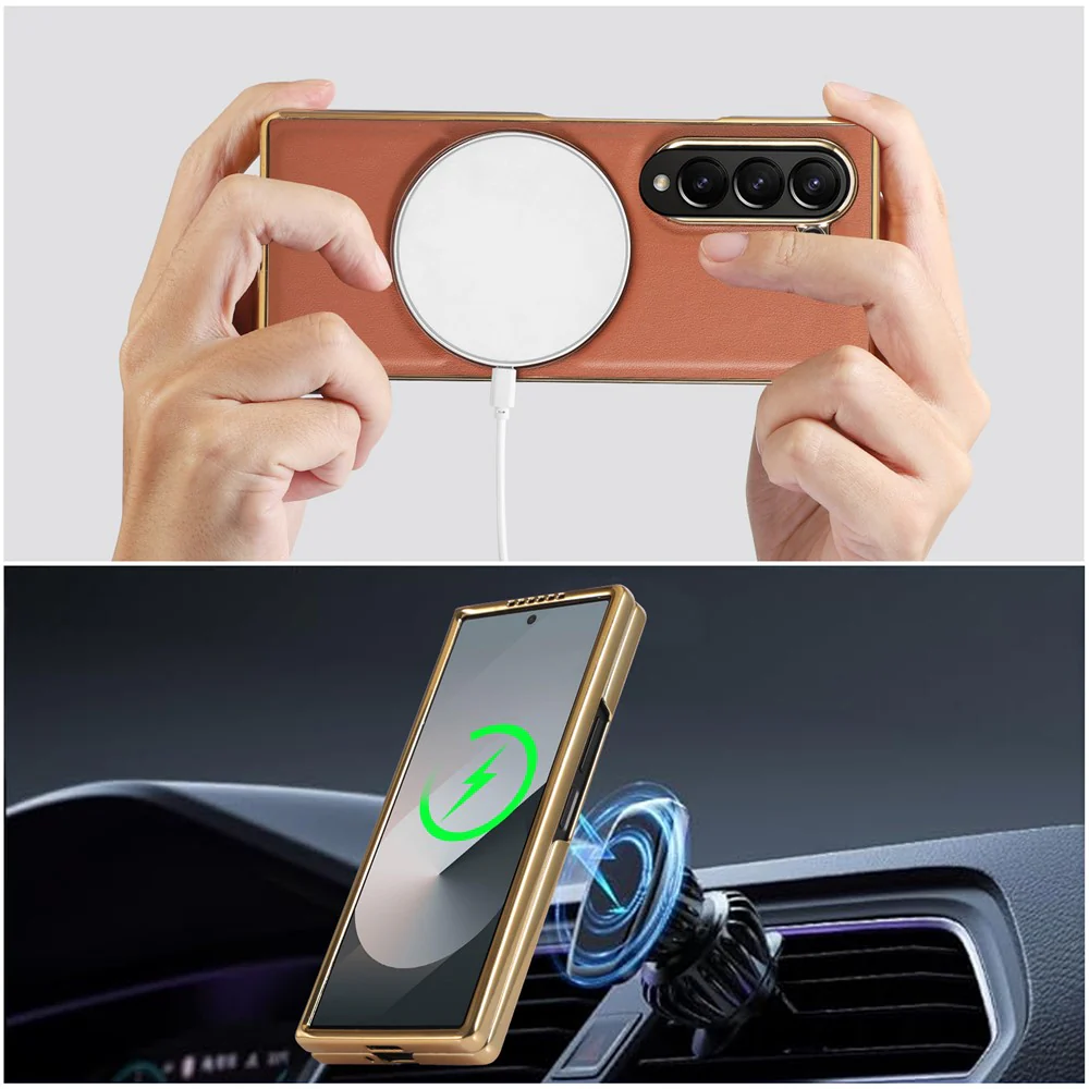 For Samsung Galaxy Z Fold7 5G Magnetic Case with Rotating Kickstand Nappa Texture PU TPU PC Phone Back Cover - Pink - Image 5