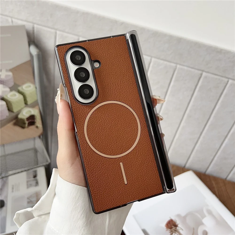 For Samsung Galaxy Z Fold7 5G Phone Case Compatible with MagSafe Leather + PC Protective Cover - Brown - Image 2