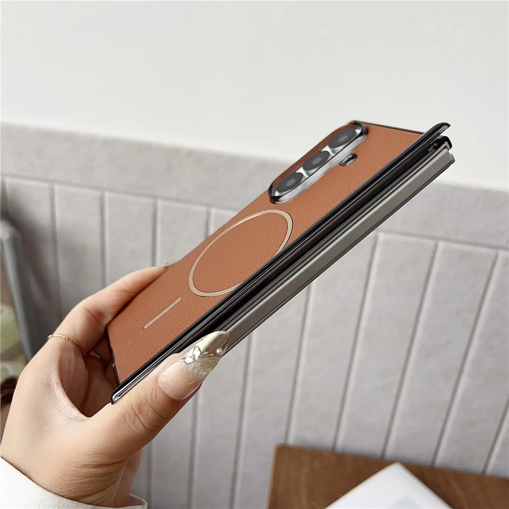 For Samsung Galaxy Z Fold7 5G Phone Case Compatible with MagSafe Leather + PC Protective Cover - Brown - Image 3