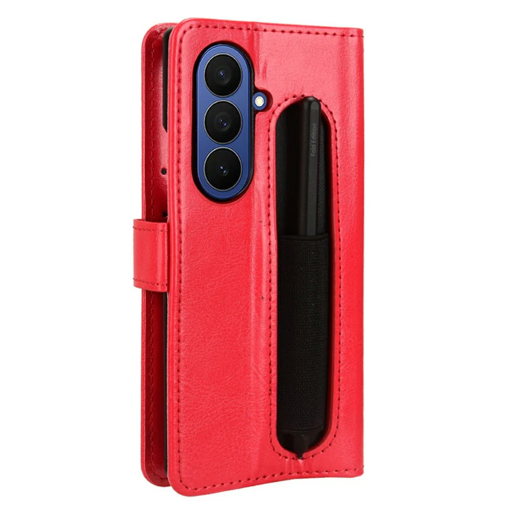 For Samsung Galaxy Z Fold7 5G Phone Case Pencil Slot Stand Leather Cover Crazy Horse Texture - Red - Image 6