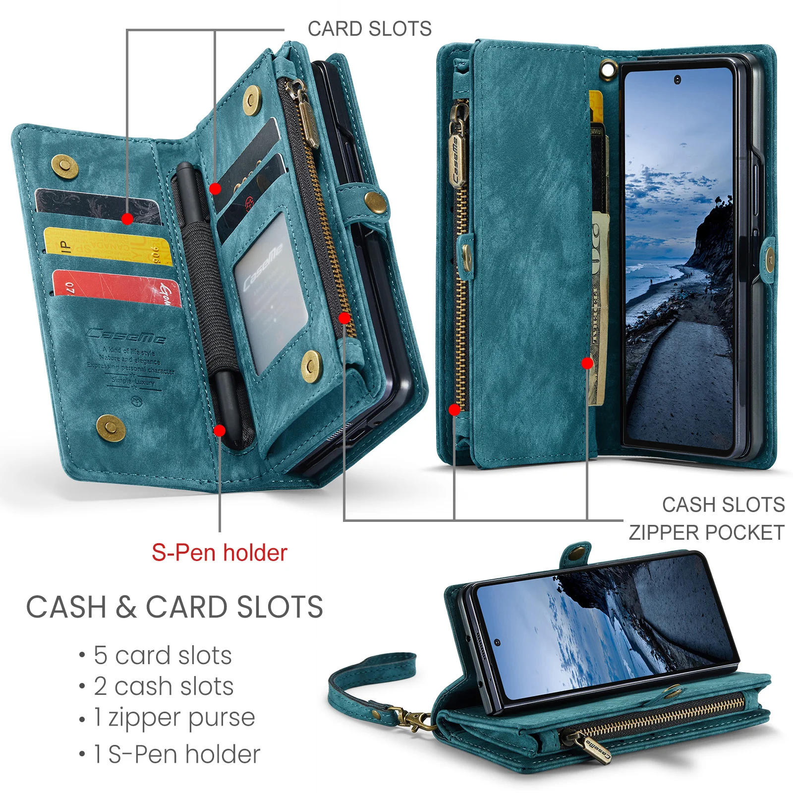 For Samsung Galaxy Z Fold7 5G Phone Cases CASEME 008 Leather Cover with Detachable Wallet and Strap - Blue - Image 2