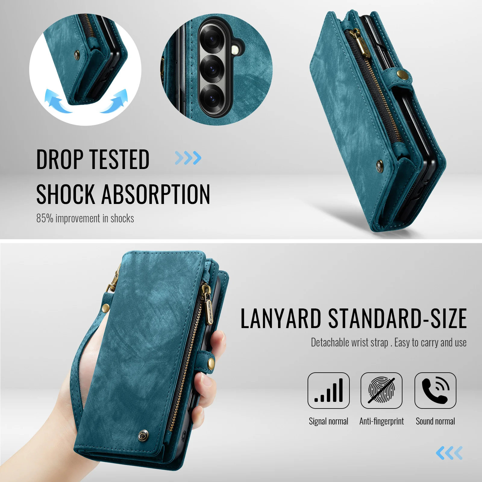 For Samsung Galaxy Z Fold7 5G Phone Cases CASEME 008 Leather Cover with Detachable Wallet and Strap - Blue - Image 3