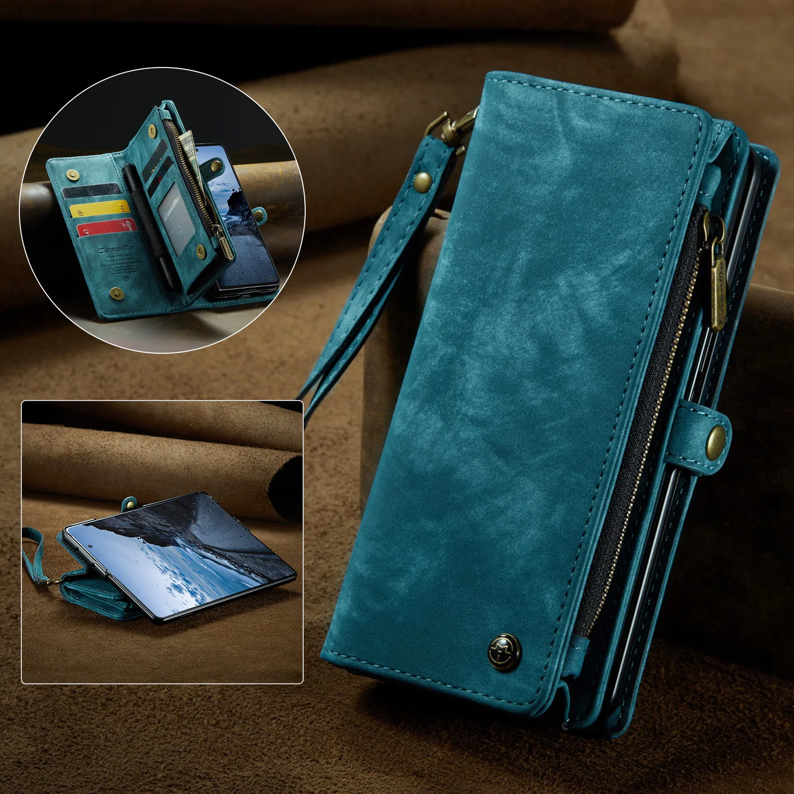 For Samsung Galaxy Z Fold7 5G Phone Cases CASEME 008 Leather Cover with Detachable Wallet and Strap - Blue - Image 4