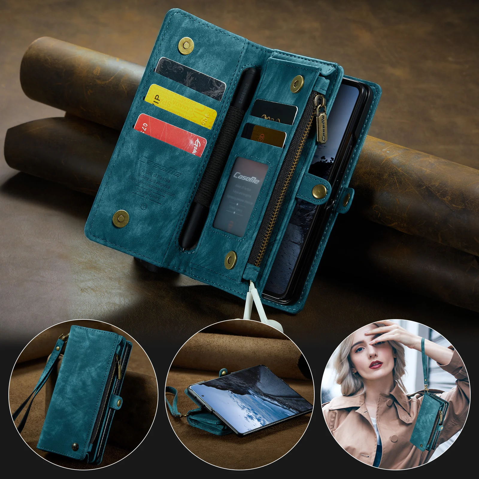 For Samsung Galaxy Z Fold7 5G Phone Cases CASEME 008 Leather Cover with Detachable Wallet and Strap - Blue - Image 7