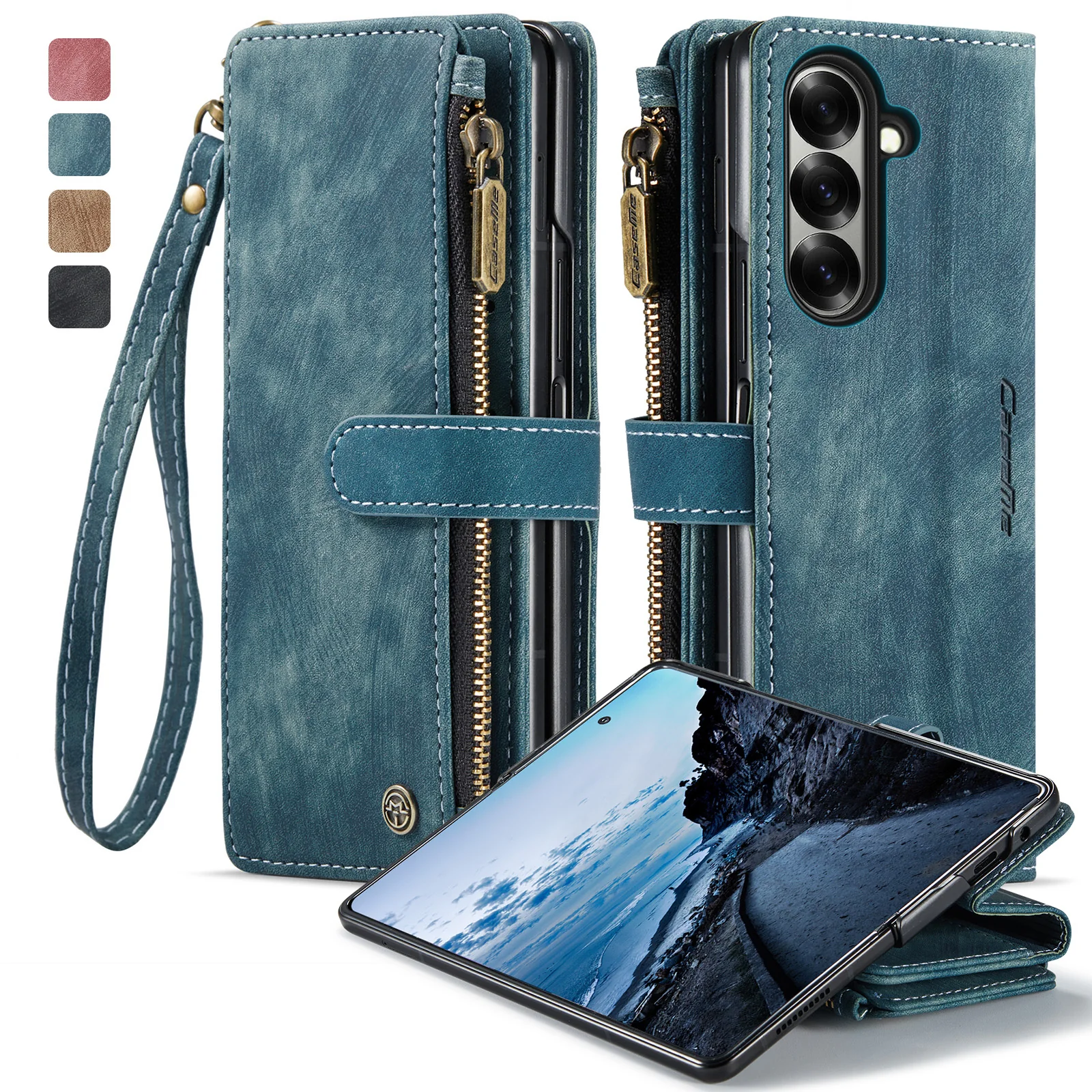 For Samsung Galaxy Z Fold7 5G Phone Cases with Strap CASEME C30 Zipper Multiple Card Holder PU Leather Cover - Blue - Image 2