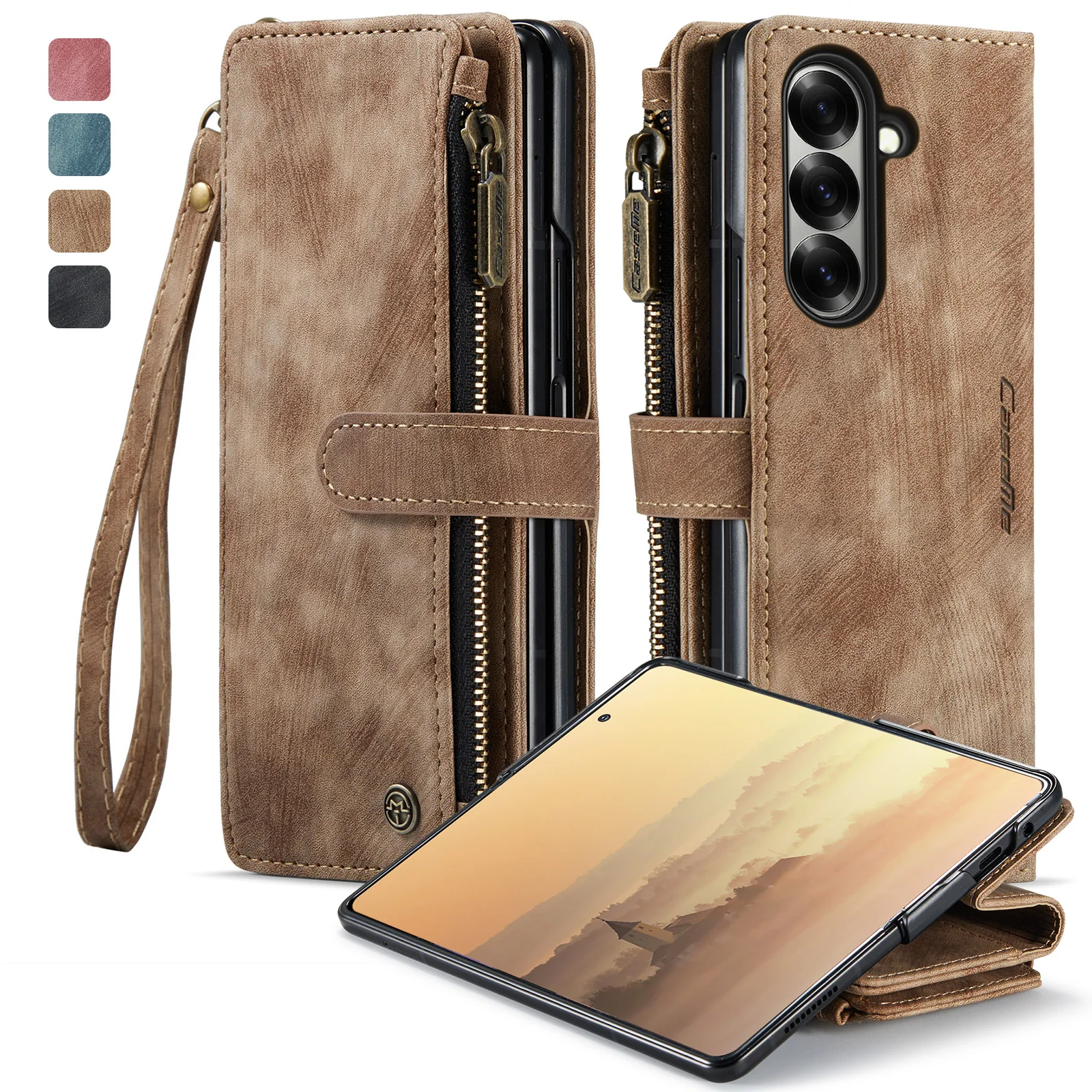 For Samsung Galaxy Z Fold7 5G Phone Cases with Strap CASEME C30 Zipper Multiple Card Holder PU Leather Cover - Brown - Image 2