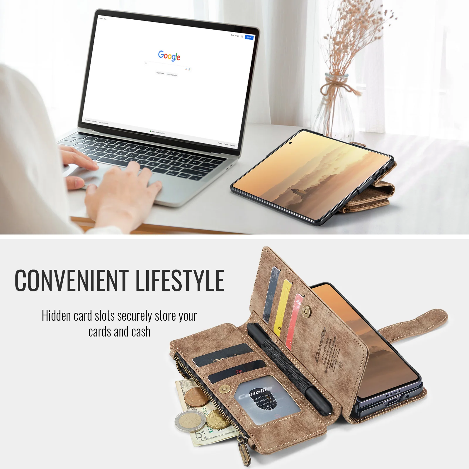 For Samsung Galaxy Z Fold7 5G Phone Cases with Strap CASEME C30 Zipper Multiple Card Holder PU Leather Cover - Brown - Image 4