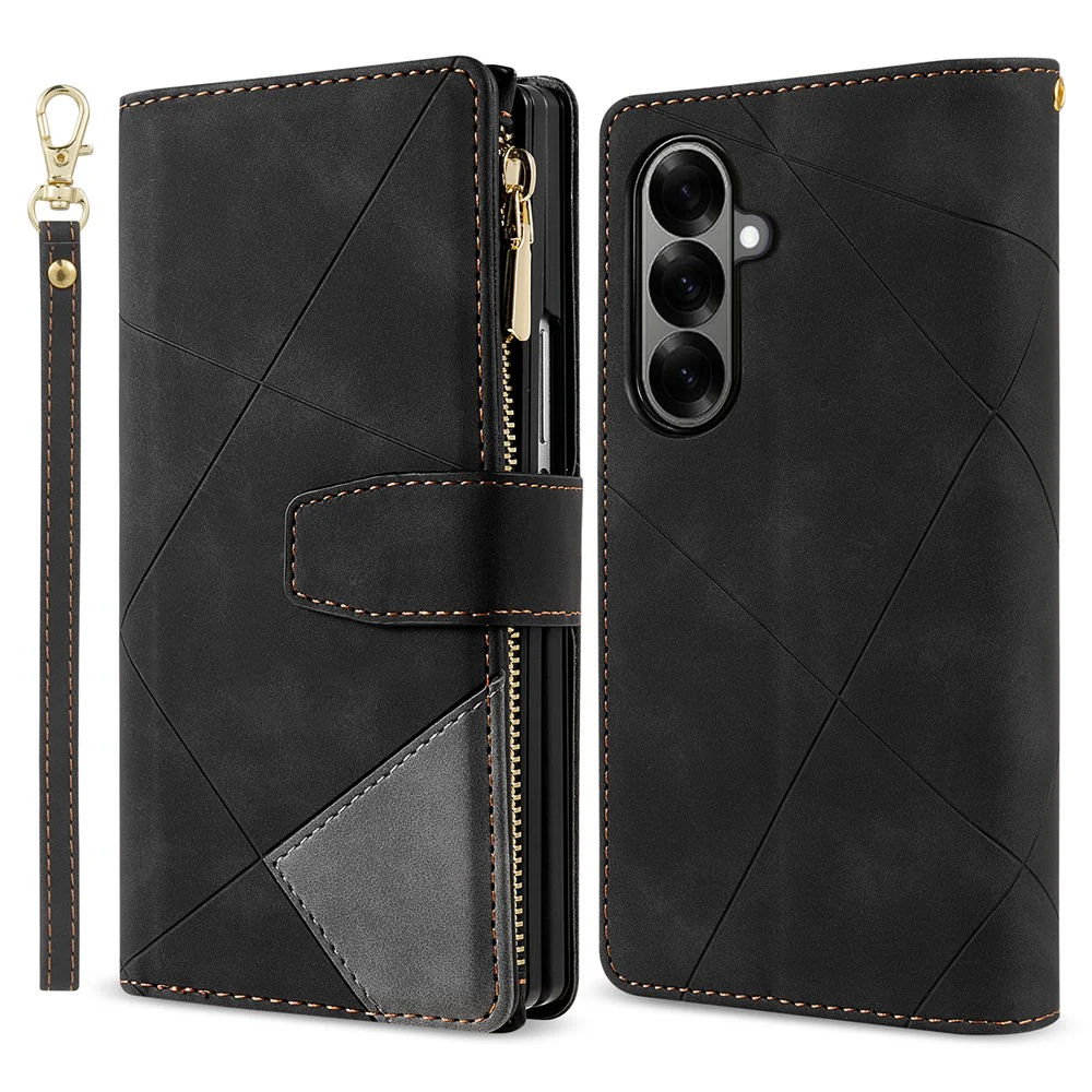 For Samsung Galaxy Z Fold7 5G PU + PC Case Color Splicing Leather Phone Cover with Strap - Black