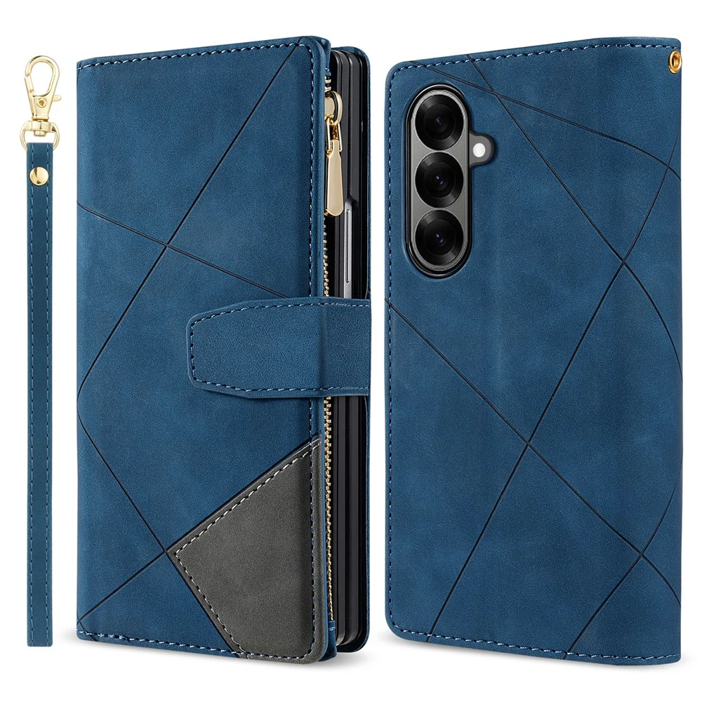 For Samsung Galaxy Z Fold7 5G PU + PC Case Color Splicing Leather Phone Cover with Strap - Blue