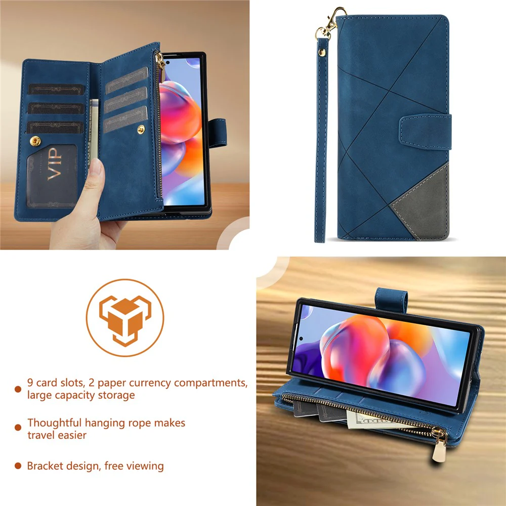 For Samsung Galaxy Z Fold7 5G PU + PC Case Color Splicing Leather Phone Cover with Strap - Blue - Image 8