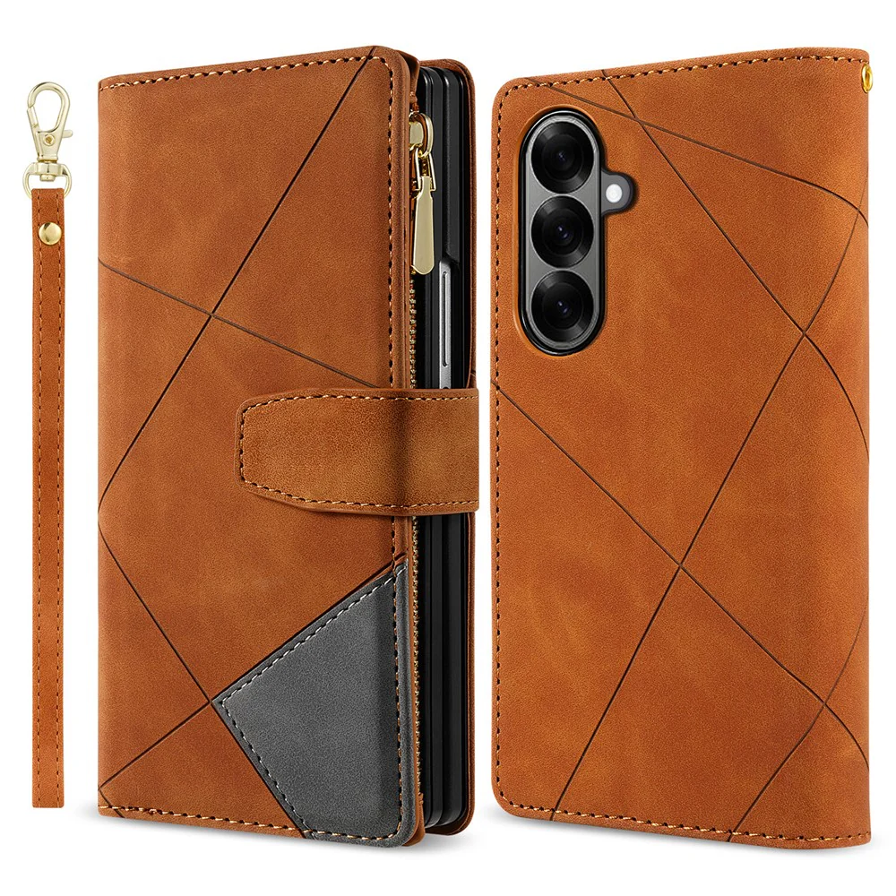 For Samsung Galaxy Z Fold7 5G PU + PC Case Color Splicing Leather Phone Cover with Strap - Brown