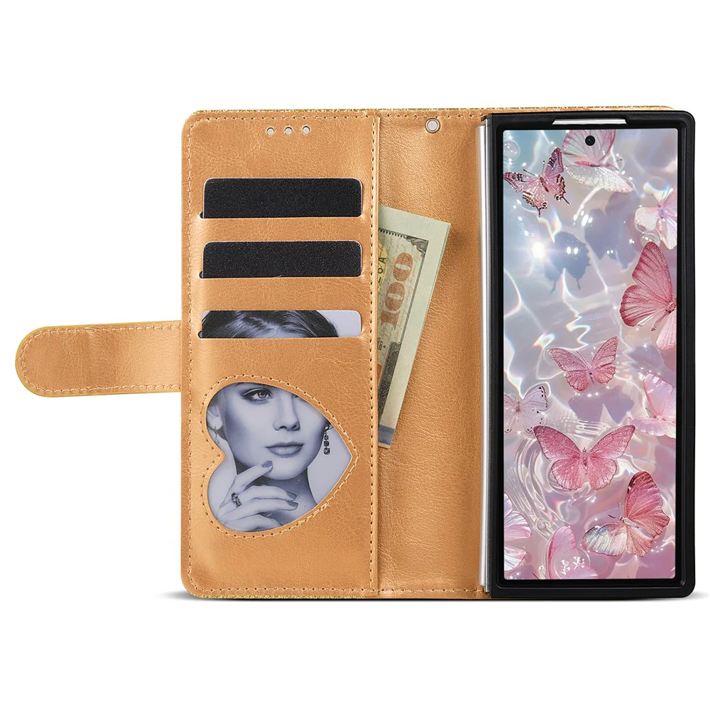 For Samsung Galaxy Z Fold7 5G PU + PC Stand Case Glitter Phone Leather Cover Zipper Pocket with Strap - Gold - Image 2