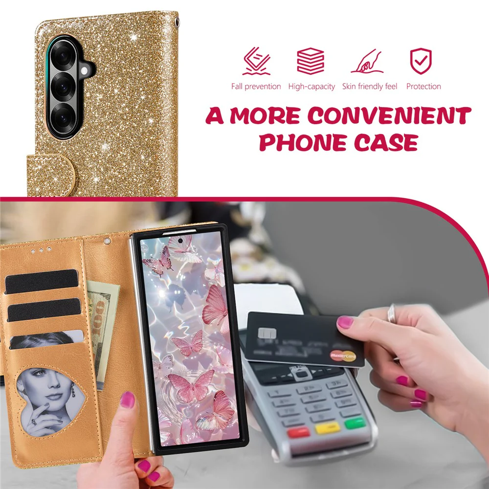 For Samsung Galaxy Z Fold7 5G PU + PC Stand Case Glitter Phone Leather Cover Zipper Pocket with Strap - Gold - Image 7