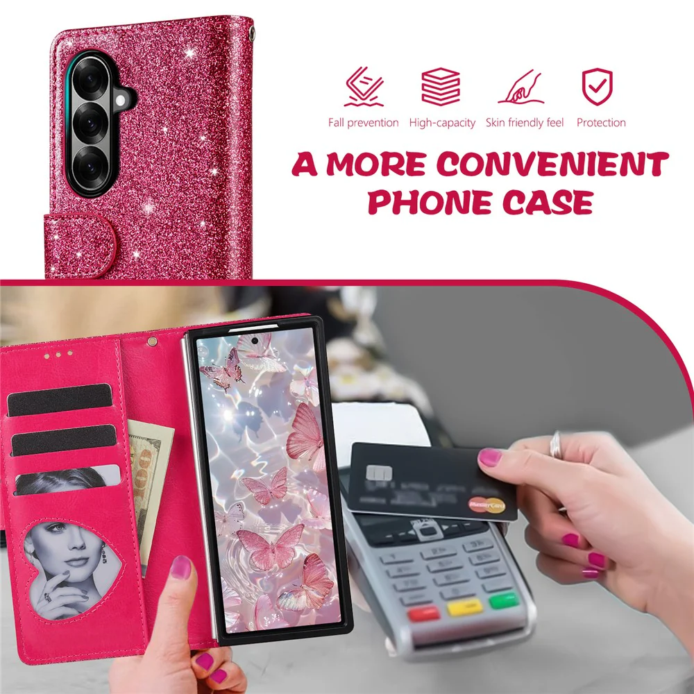 For Samsung Galaxy Z Fold7 5G PU + PC Stand Case Glitter Phone Leather Cover Zipper Pocket with Strap - Rose - Image 7