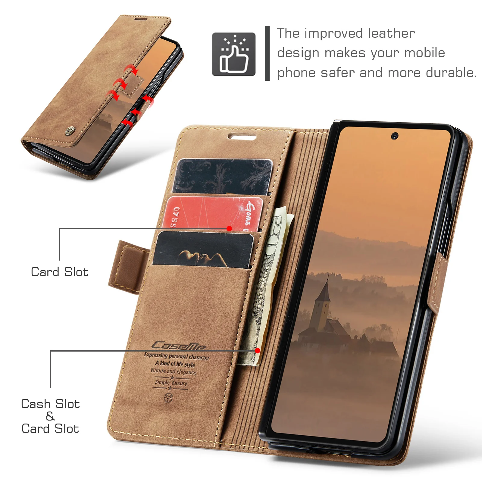 For Samsung Galaxy Z Fold7 5G Wallet Case CASEME 013 Series PU Leather Phone Cover Stand - Brown - Image 3